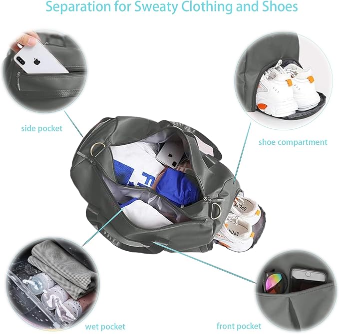 Gym Bag for Men Women with Separation for Wet and Dry, Shoe Storage, Waterproof Travel Duffle Bag for Gym, Swimming, Yoga, Sports (Grey)