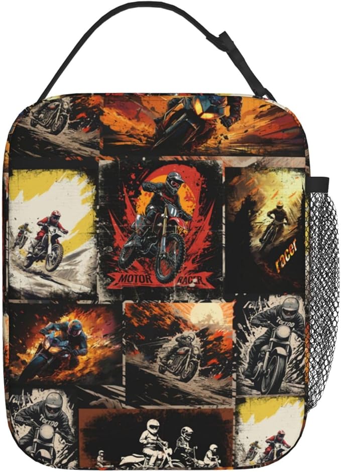 Sport Motorcycle Lunch Boxs for Men Women, Dirt-Bike Motocross Lunch Bag for Kids, Portable Reusable Insulated Lunch Bag for School Work Travel