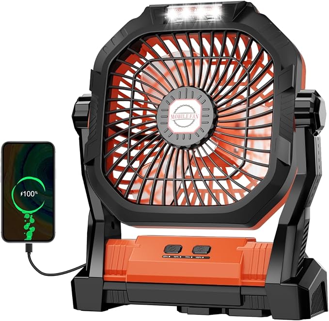Camping Fan Rechargeable, 20000mAh Battery Powered Portable Fan with LED Light, 4-Speed 180° Adjustable, Camping Essentials for Tent, Travel, Car, Outdoor, Indoor, BBQ, Fishing, Jobsite - Orange