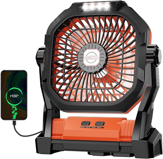 Camping Fan Rechargeable, 20000mAh Battery Powered Portable Fan with LED Light, 4-Speed 180° Adjustable, Camping Essentials for Tent, Travel, Car, Outdoor, Indoor, BBQ, Fishing, Jobsite - Orange