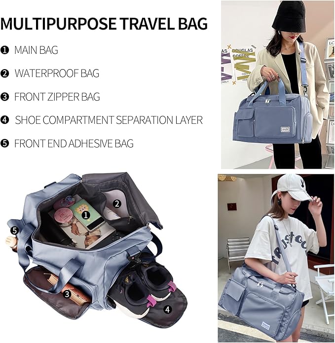 Travel Duffel Tote Bag with Dry Wet Separation Pocket, Weekender Bag for Women and Men，Waterproof Bag with Shoe Compartment Lightweight and Easy Carry on Blue