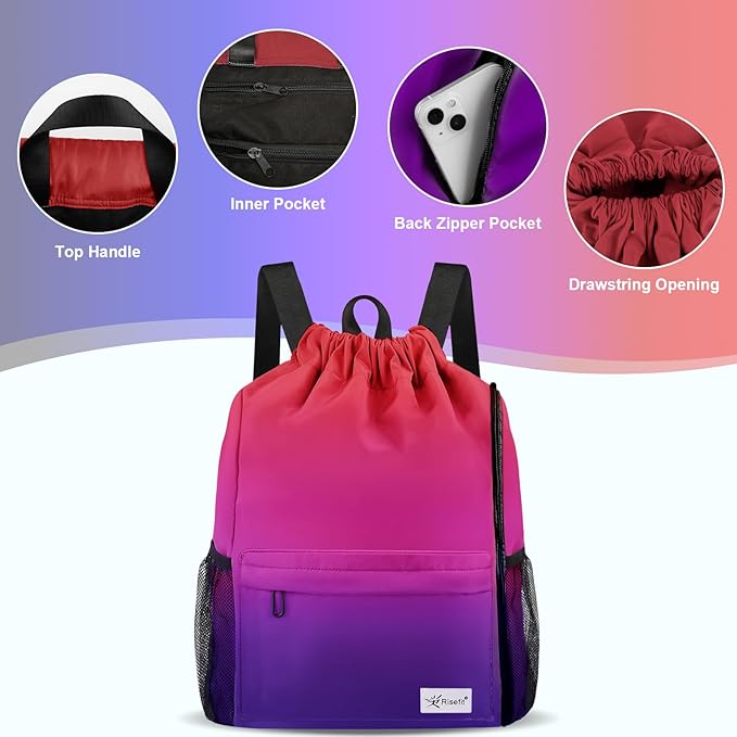 Drawstring Backpack with Mesh Pockets String Gym Bag Sackpack Sandproof Water Resistant Beach Backpack for Men Women