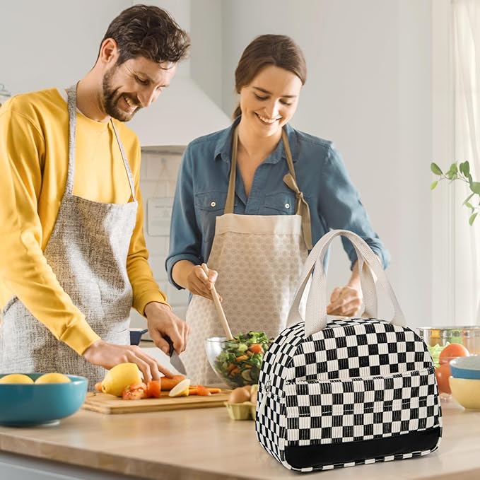 Lunch Box Lunch Bag for Women Men, Leakproof, Insulated Lunch Box Tote with Large Capacity, Lunch Container for Work/Office (Corduroy Black Checkered Pattern)