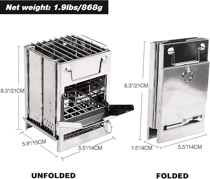 REDCAMP Wood Burning Folding Camp Stove Stainless Steel Grill, Portable Collapsible Backpacking Stove Survival Rocket Stove for Hiking Outdoor Tent Camping Picnic BBQ, Samll