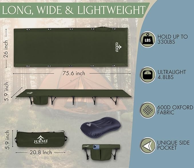 Ultralight Camping Cot with Inflatable Camping Pillow for Adults & Kids; Supports up to 330lbs; 4.85lbs Lightweight Portable Camping Bed for Hiking, Camping & Backpacking with Carry Bag (Green)
