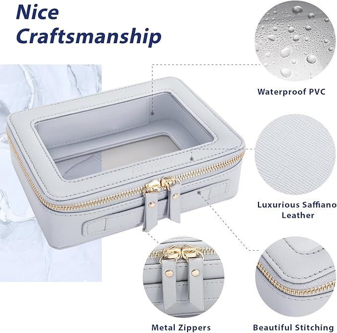 Aveniee Clear Makeup Bag for Women, Cosmetic Bags Travel Toiletry Bag Organizer, Makeup Train Case with Clear Windows & Gold Zippers(Pearl Blue)