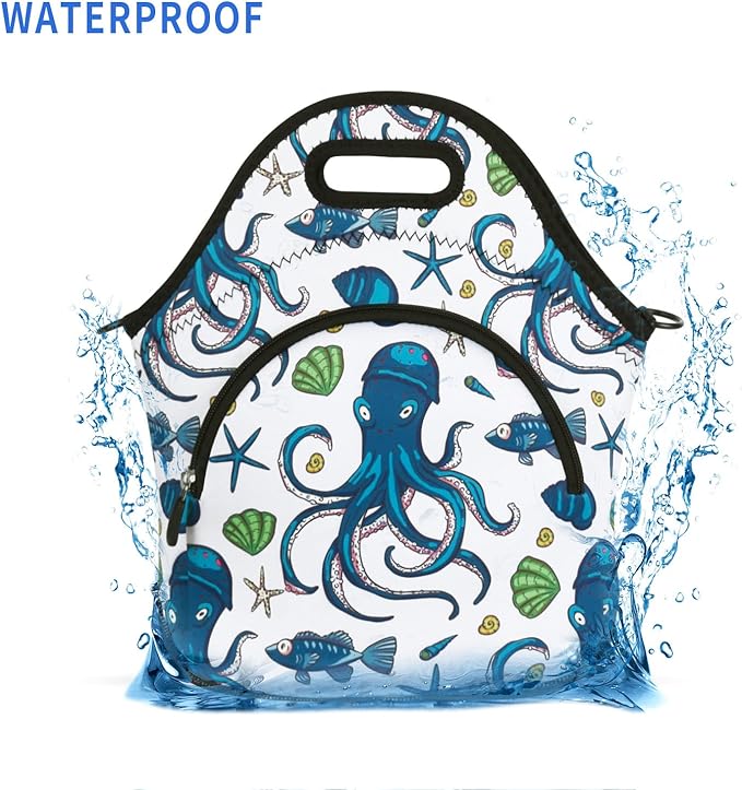 Violet Mist Womens Insutated Neoprene Lunch Bag Resuable Thermal Cute Cartoon Lunch bag with Pocket Detachable Adjustable Shoulder Lunchbox Handbags Container Women Men Adult Gifts(Bule Seaa Animal)