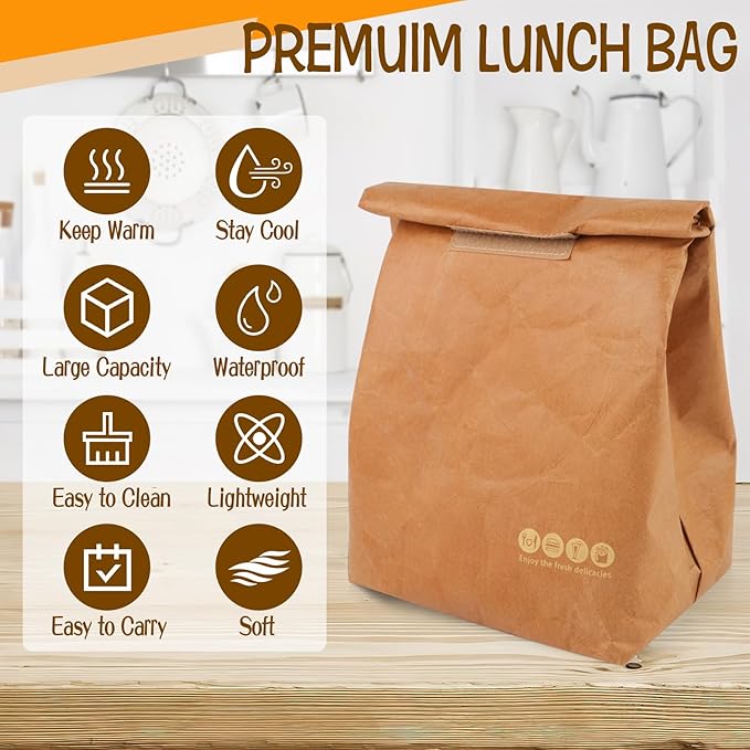2 Pcs Insulated Brown Paper Lunch Bags, Reusable Lunch Bag Large Retro Sacks Thermal Insulation Food Storage Handbag with Velcro for Adults Office Work Picnic Travel Snacks - 7.8"L x 5.9"W x 11.8"