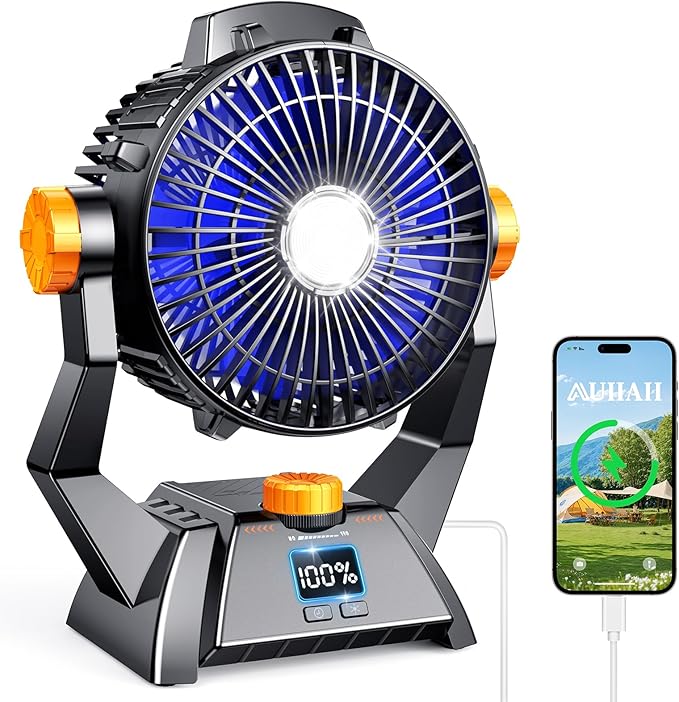 Camping Fan - Rechargeable Portable Battery Powered Camping Fans for Tents with LED Light, Power Display, Timers & 360° Hanging Hook, Ultra Quiet USB Personal Tent Fan for Fishing Travel Home Office