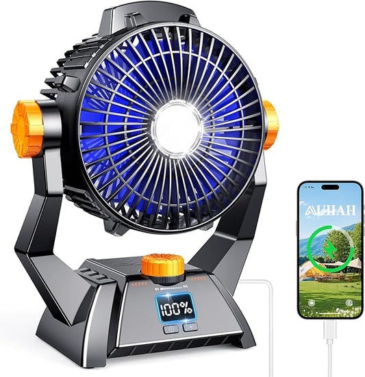 Camping Fan - Rechargeable Portable Battery Powered Camping Fans for Tents with LED Light, Power Display, Timers & 360° Hanging Hook, Ultra Quiet USB Personal Tent Fan for Fishing Travel Home Office
