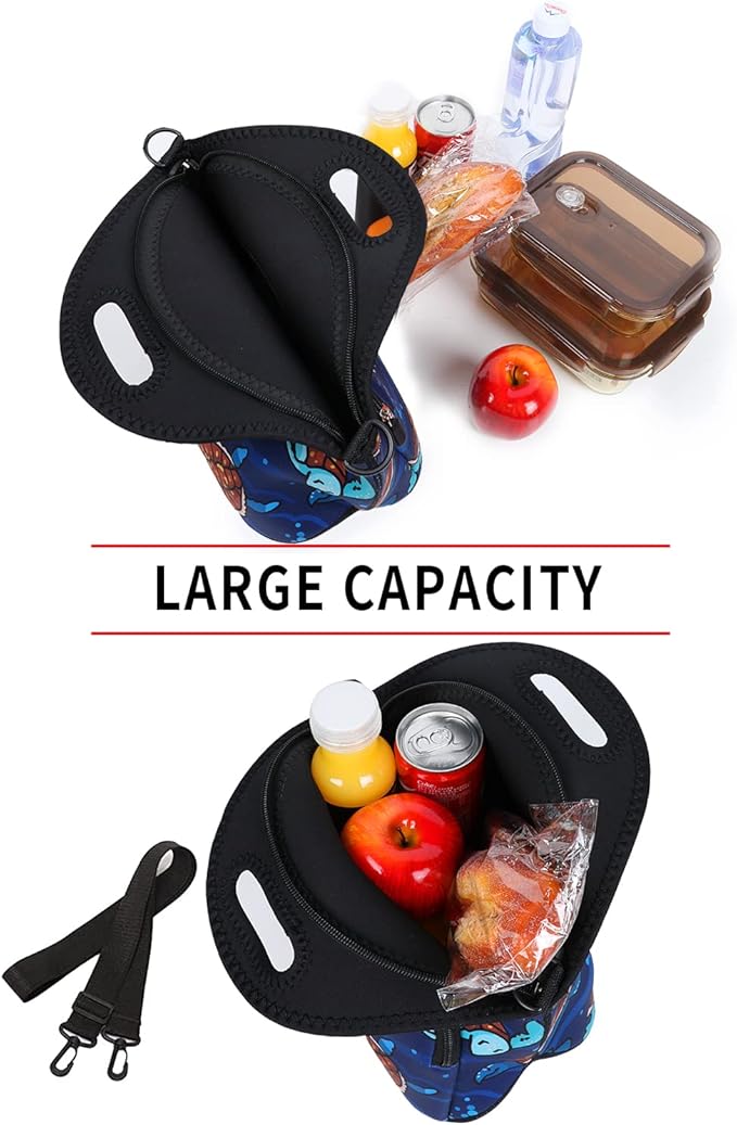 Violet Mist Neoprene Lunch Bag Reusable Insulated Lunch Box with Adjustable Shoulder Strap&Pocket for Women,Men,Adults,Cute Cartoon Turtle Snack Bags Anime Animal Work Picnic Travel Tote Food Handbags