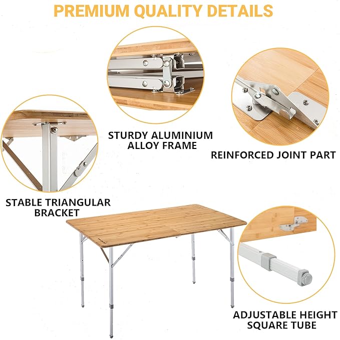 KingCamp Bamboo Folding Table Camping Table with Adjustable Height Aluminum Legs Heavy Duty 176 lbs 2-Folds Portable Camp Tables for Travel, Picnic, Beach, 6 People