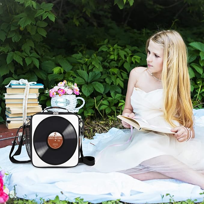 Pardick Music Record Black Kids Lunch Bag Retro Music Vinyl CD Insulated Lunch Box Mini Cooler Back to School Thermal Meal Tote Kit Bento Tote Bags Thermal Lunchbox for Boys Girls
