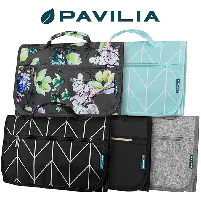 PAVILIA Hanging Toiletry Bag Women Men, Travel Kit Foldable Large Toiletries Organizer, Roll up Cosmetics Makeup Bag Accessories, Waterproof Essentials Jewelry Case (Black Chevron)