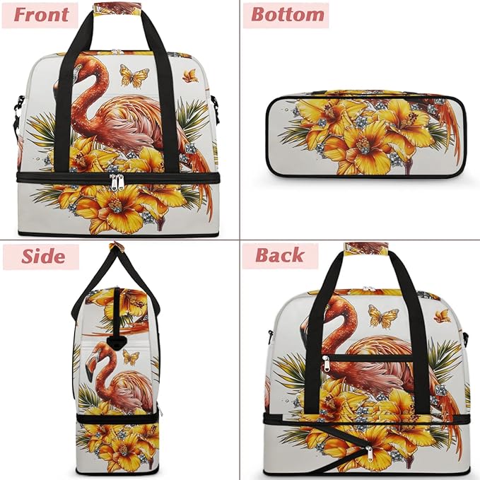 cfpolar Woman Travel Duffel Bag Vintage Flamingo Butterfly Foldable Tote Carry On Luggage Sports Gym Bag With Shoe Compartment Overnight Weekend Yoga Workout Bag Training Handbag
