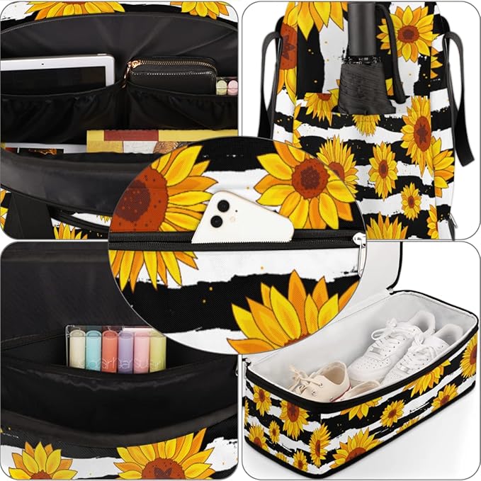 Sunflower Flower Stripe Foldable Travel Duffel Bag Sports Tote Gym Bag With Shoe Compartment For Woman Man Carry On Luggage Overnight Travel Weekend Yoga Workout Bag Training Handbag