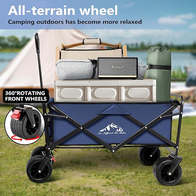 Large Collapsible Wagon Cart Heavy Duty Foldable, Large Capacity Foldable Grocery Beach Wagon for Camping Sports Shopping, Blue