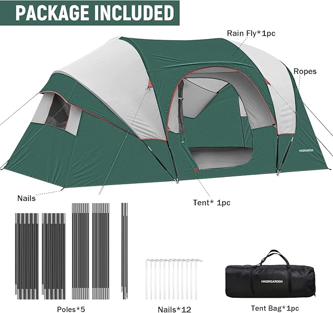 HIKERGARDEN 10 Person Camping Tent - Portable Easy Set Up Family Tent for Camp, Windproof Fabric Dome Tent Outdoor for Hiking, Backpacking, Traveling-14'x11'x74in(H)