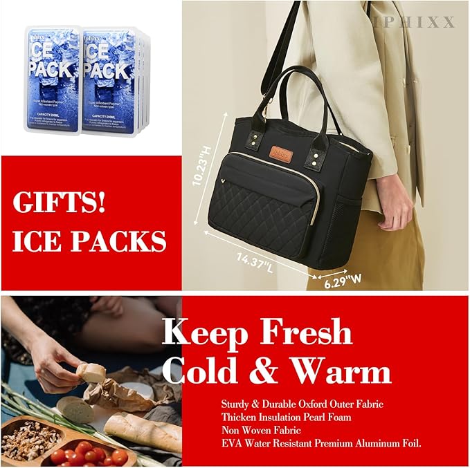 Lunch Bag Women Insulated Lunch Box for Adults - Leakproof Large Purse Lunch Tote Bags for Women with Adjustable Shoulder Strap Zipper Side Pockets for Work