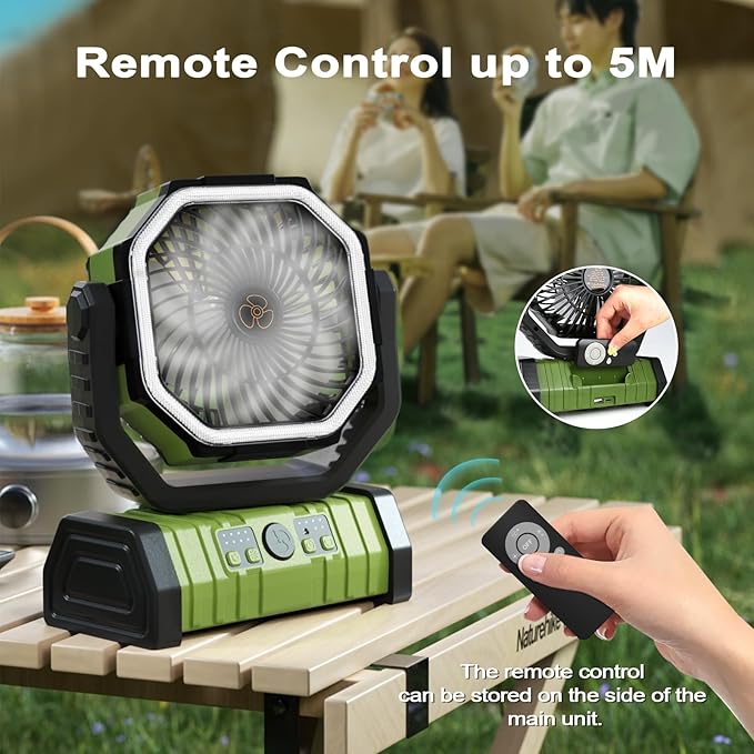 20000mAh Portable Camping Fan with LED Light, Rechargeable Battery Powered Oscillating Fan with Remote & Hook,Timer, 65HRS Running, 4-Speed for Travel, Tent, Room, Car, Picnic, Fishing (Green)