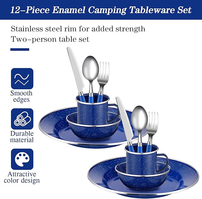 Nuogo 12 Pcs Enamel Camping Tableware Set Camping Complete Dinnerware Kit Coffee Mugs Plates Bowls Utensils Set with Knife Fork Spoon for 2 People Hiking Picnic(Blue)