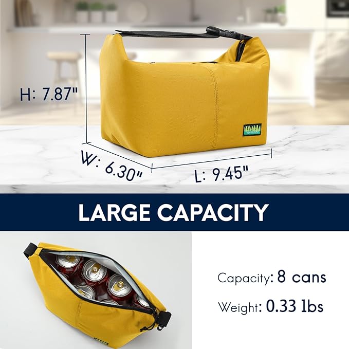 Haimont Small Insulated Lunch Bag for Men, Women, Portable Soft Cooler Bag with Buckle, Leakproof Lunchbox for Work, Travel, Camping, Hiking, Beach, Yellow