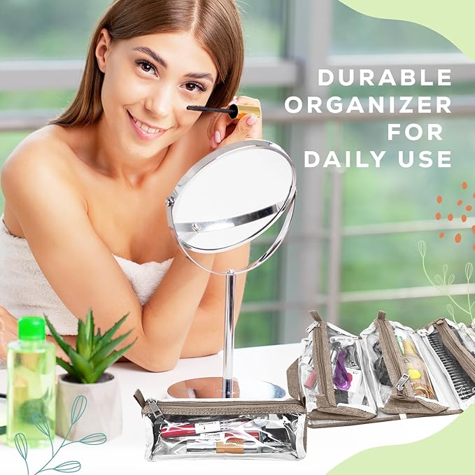 4-in-1 Hanging Toiletry bag - Roll-Up Makeup Bag - 4 Detachable PVC Zip Pouches – 600D Oxford Fabric, Versatile Travel Toiletry Organizer Bag - Makeup, Cosmetics, First Aid, Medicine Personal Care,