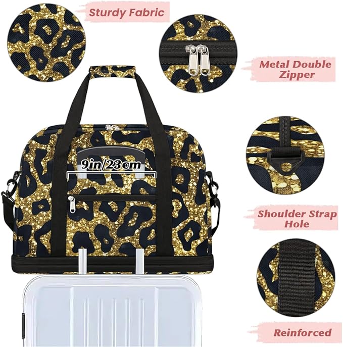 cfpolar Woman Travel Duffel Bag Gold Sequin Leopard Print Foldable Tote Carry On Luggage Sports Gym Bag With Shoe Compartment Overnight Weekend Yoga Workout Bag Training Handbag