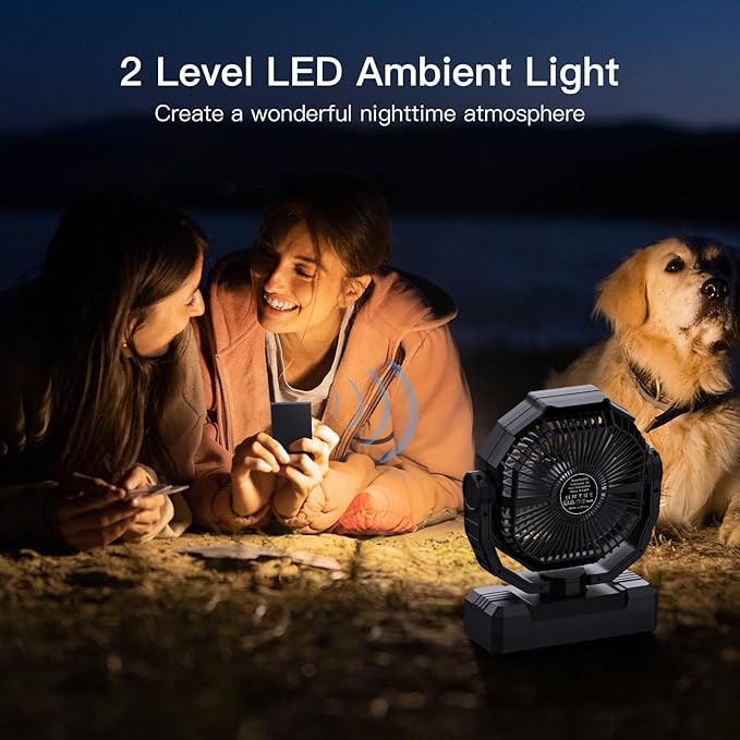 FRIZCOL 3-in-1 Camping Fan - Portable Fans Rechargeable - 24000mAh Battery Powered Fan(140Hrs) with Light & Remote for Indoor, Outdoor, Tent, Travel, BBQ, Fishing, Jobsite - Black