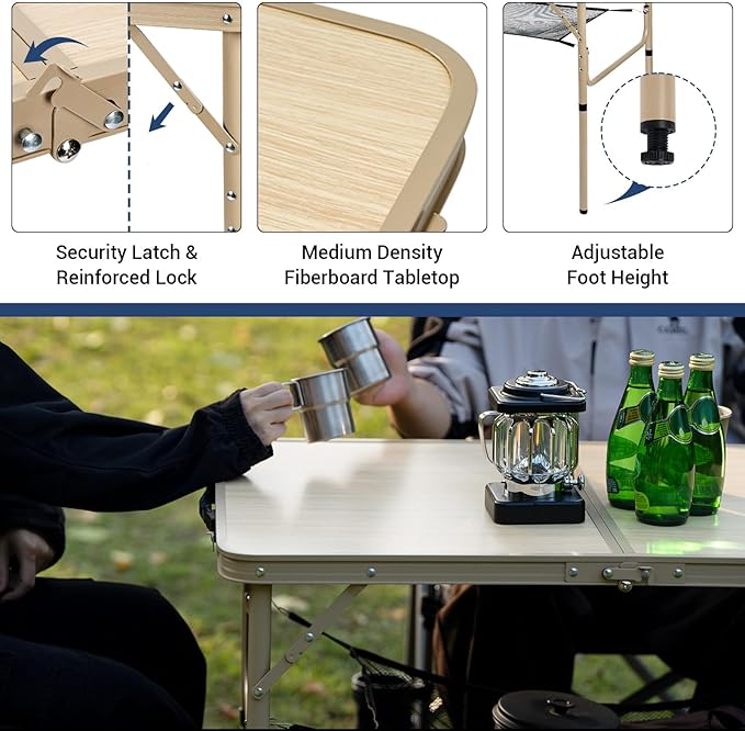 Folding Table 3FT Camping Table 2 Adjustable Height Lightweight Portable Aluminum Mini Foldable for Picnic Beach Indoor Outdoor, Yellow