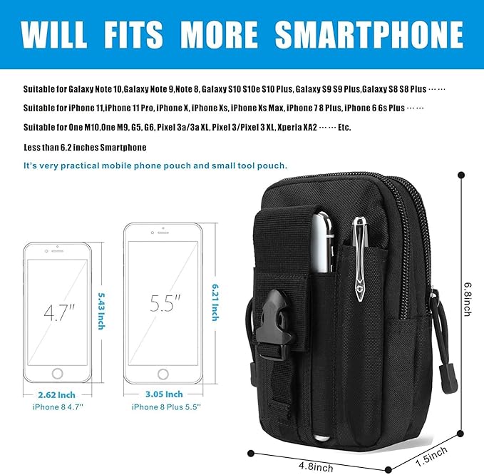 Tactical Molle Pouch, Universal EDC Waist Bag Pouches, Outdoor Belt Bags Gear Tool Gadget Pocket with Cell Phone Holster