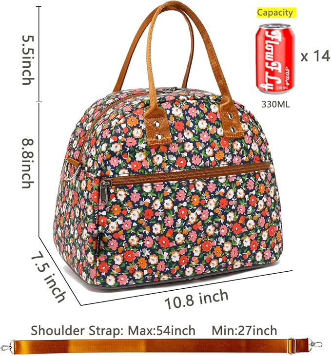 FlowFly Insulated Lunch Bag With Shoulder Strap for Women, Men, and Kids, Large and Reusable, Handle, Freezable Work and School Travel Tote and Meal Prep Organizer,Floral