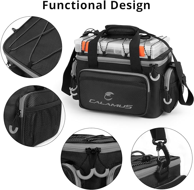 Calamus Fishing Tackle Bags - Saltwater & Freshwater Fishing Bags - Rip-Stop PE - Padded Shoulder Strap - Pliers Storage - Black