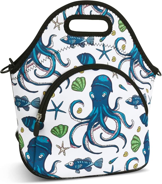 Violet Mist Womens Insutated Neoprene Lunch Bag Resuable Thermal Cute Cartoon Lunch bag with Pocket Detachable Adjustable Shoulder Lunchbox Handbags Container Women Men Adult Gifts(Bule Seaa Animal)