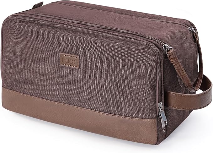 WANDF Toiletry Bag for Men Travel Toiletry Organizer Canvas and Leather Dopp Kit Water-Resistant Shaving Bag for Travel Accessories (Brown, Patent Pending)