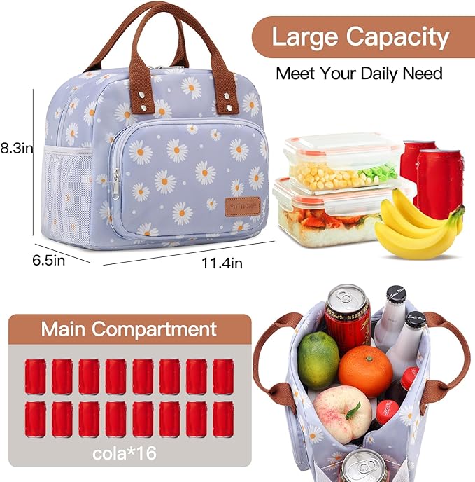 Lunch Bag Women,Insulated Lunch Box Lunch Bag for Women Men Work Adult Cute Small Lunch Tote Bag, Large Capacity Reusable Cooler Containers for Travel Picnic Office or Beach(Blue Daisy)
