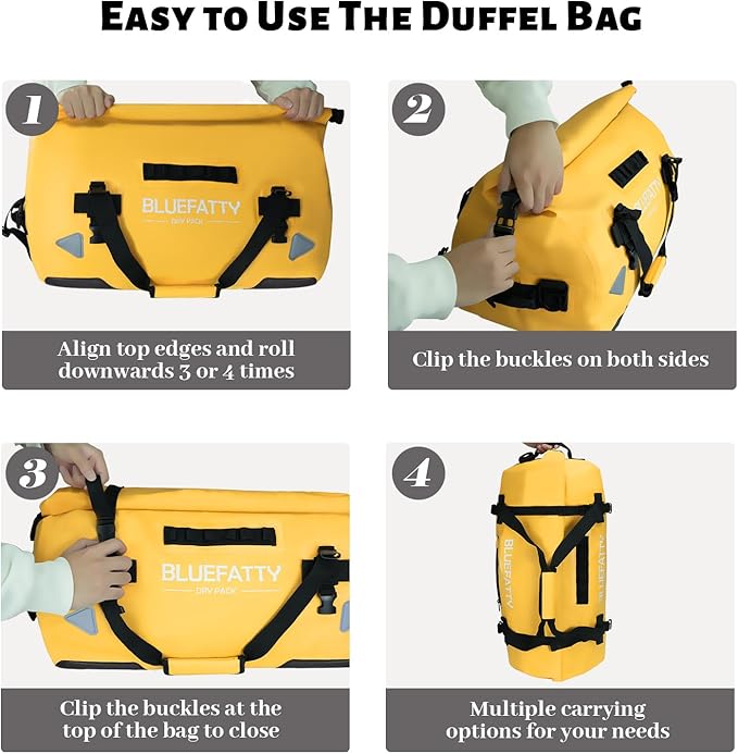 Waterproof Motorcycle Duffel Bag Roll Top Dry Duffel Bag with Quick-fixed Straps for Rafting, Boating, Kayaking, Travel, 50L(Yellow)