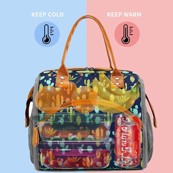 FlowFly Insulated Lunch Bag for Women, Men, Large and Reusable, Handle, Work and Travel Tote and Meal Prep Organizer, Cactus