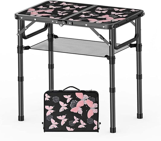 Small Camping Table, Vintage French Butterflies Pattern Folding Table, Adjustable Height, Lightweight & Portable Outdoor Picnic Table with Carry Handle for Patio, Living Room, Travel