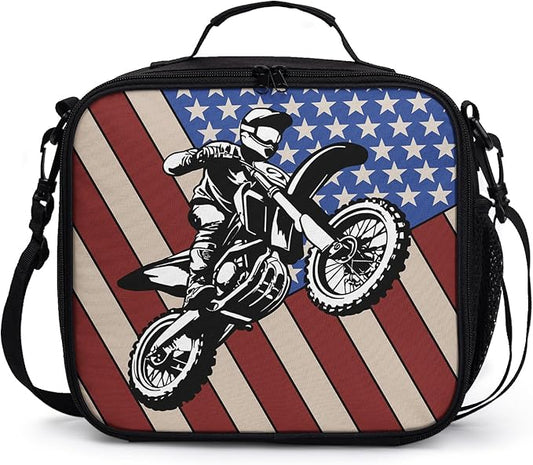 Motorcycle American Flag Lunch Bag Motocross Lunch Boxes for Women/Man Office Work Travel, School, Work, Picnic, Durable Reusable Insulated Large Lunch Tote Bag with Adjustable Shoulder Strap