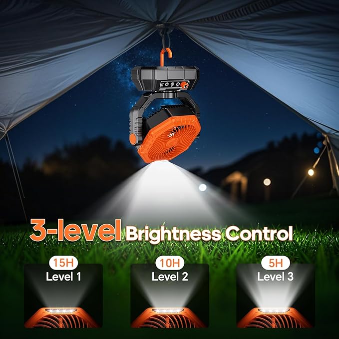 AJVV Camping Fan Rechargeable, Battery Powered Fan With Remote Controller, LED Light, Dual-Blade, Stepless Speed, 45°/90°/270° Swing,Timer, Portable fan For Travel Tent Bedroom Beach Fishing, Orange