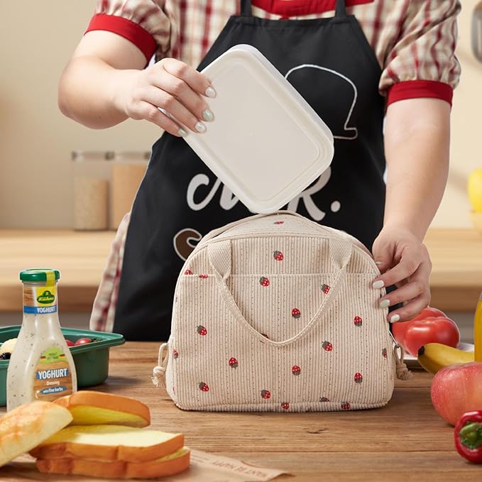 Lunch Bag, Beige Corduroy with Strawberry Pattern, Insulated Thermal Tote, Portable and Reusable Cooler for School or Work, 8.5L