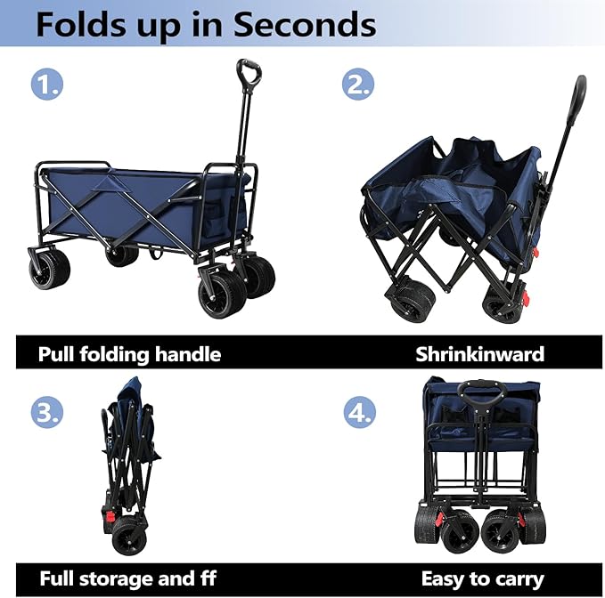 Large Collapsible Wagon Cart Heavy Duty Foldable, Large Capacity Foldable Grocery Beach Wagon for Camping Sports Shopping, Blue