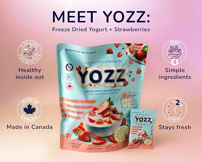 Yozz Probiotic Freeze Dried Yogurt Snack with Real Strawberries - No Sugar Added - 1 Billion CFU per Serving - 10 Individual Packs - For Adults, Babies, and Toddlers - Tastes Wow