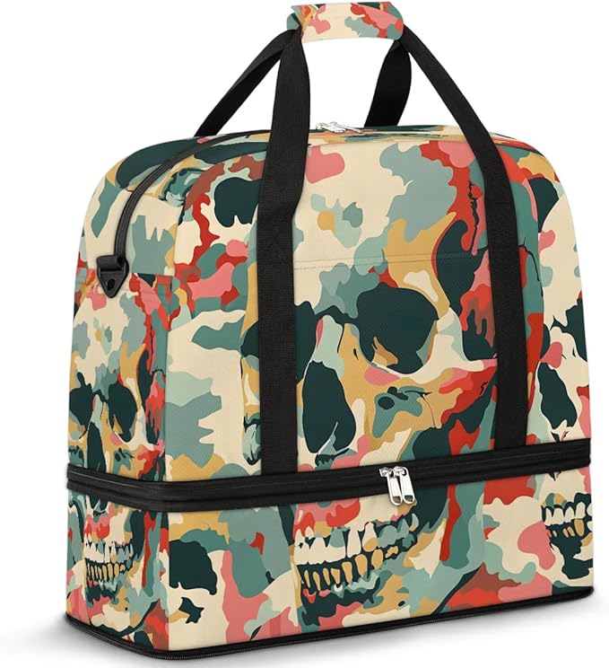 cfpolar Woman Travel Duffel Bag Camo Skull Foldable Tote Carry On Luggage Sports Gym Bag With Shoe Compartment Overnight Weekend Yoga Workout Bag Training Handbag