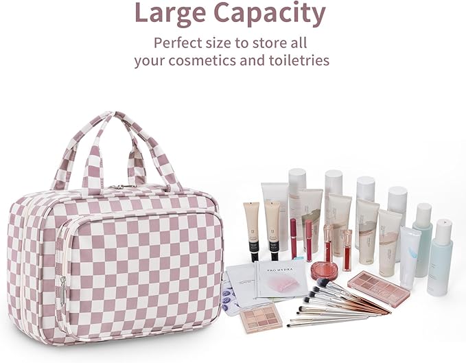 Narwey Travel Toiletry Bag for Women Large Hanging Makeup Bag Organizer Toiletries Bag for Full Size Essentials Accessories Cosmetics (Dusty Rose Checkerboard (Large))