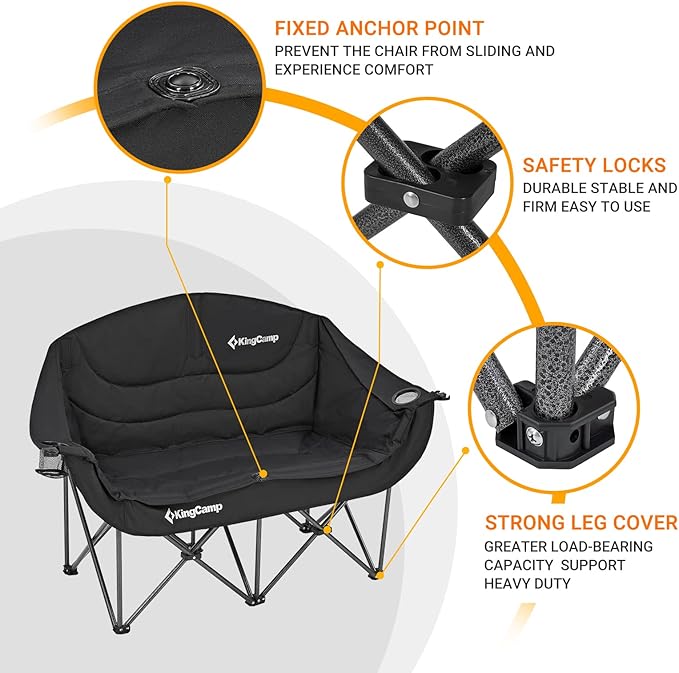 KingCamp Double Camping Chair, Oversized Heavy Duty Loveseat for Adults Portable Folding XL 2 Person Couch Padded Comfortable Two Seat with Cup Holder for Outdoor Lawn Backyard