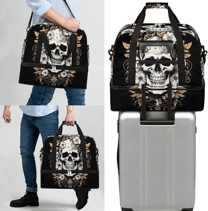 cfpolar Woman Travel Duffel Bag Vintage Flower Skull Foldable Tote Carry On Luggage Sports Gym Bag With Shoe Compartment Overnight Weekend Yoga Workout Bag Training Handbag