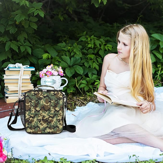 Pardick Camouflage Themed Boys Lunch Bag,Camo Army Green Kids Insulated Lunch Box with Adjustable Shoulder Strap Waterproof Lunch Bento Tote Bag Thermal Lunch Box for School Picnic Travel Outdoor