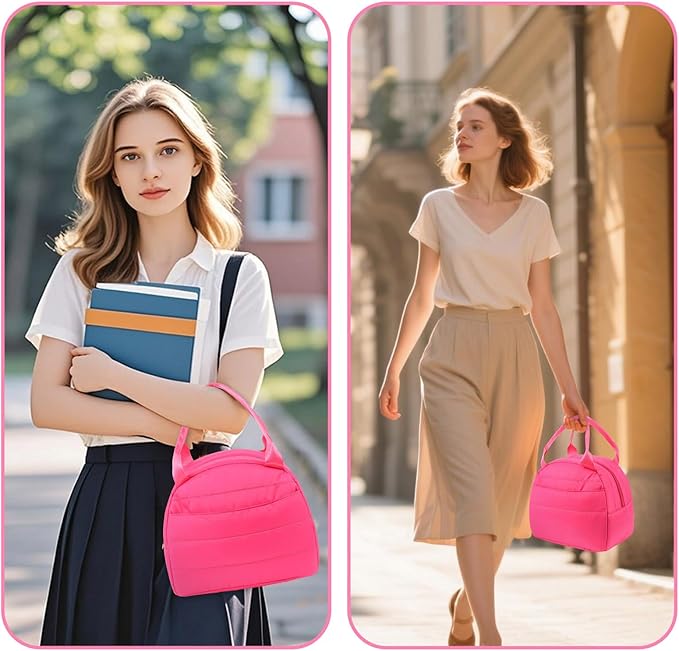 Lunch Bag Lunch Box for Women Men Adult Insulated Cute Small Quilted Puffer Lunchbox Reusable Thermal Lunch Cooler Tote Bag for Work, Picnic or Travel-Pink